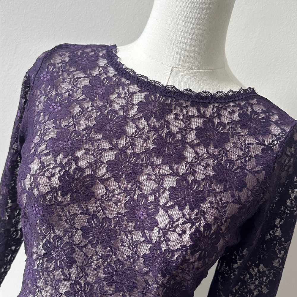 Purple Sheer Floral Lace‎ Long Sleeve Romantic Feminine Open Back Bodysuit M - Picture 2 of 9